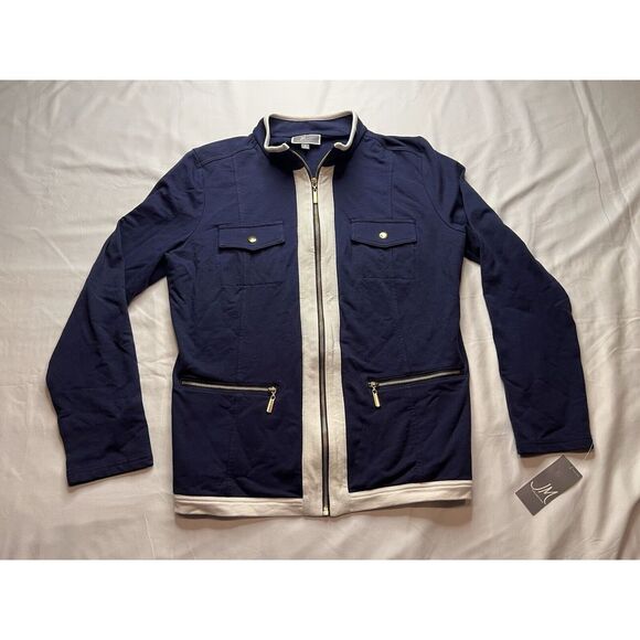 JM COLLECTION MACY'S NAVY WHITE TRIM COTTON ZIP FRONT‎ JACKET BLAZER TOPPER M - Picture 1 of 9